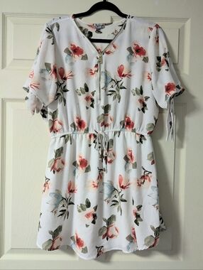 Floral Drawstring Dress Half Zip Chest Breezy Lightweight Summer Beach Vacation